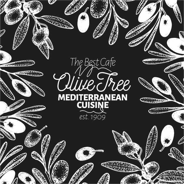 Vector olive tree banner template. vector retro illustration on chalk board.