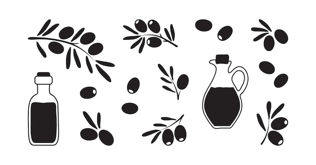 Olive vector icon oil bottle and leaf tree black cooking set Food illustration