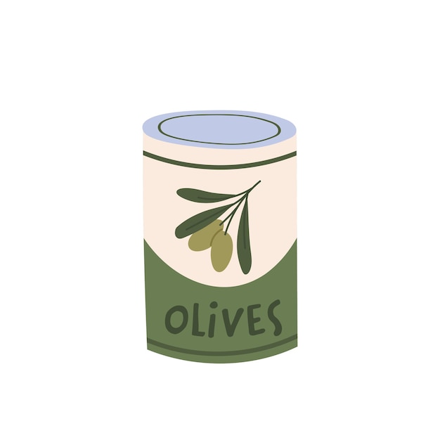 Olives in metal jar with closed lid. Healthy Mediterranean meal. Spanish or Greek canned food. Italian pitted olives in packaging. Vector cartoon illustration