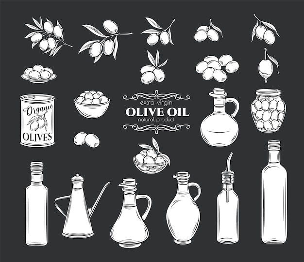 Olives and olive oil glyph icons set. Isolated tree branches, glass bottle, jug , metal dispenser with oil. Retro style, illustration.