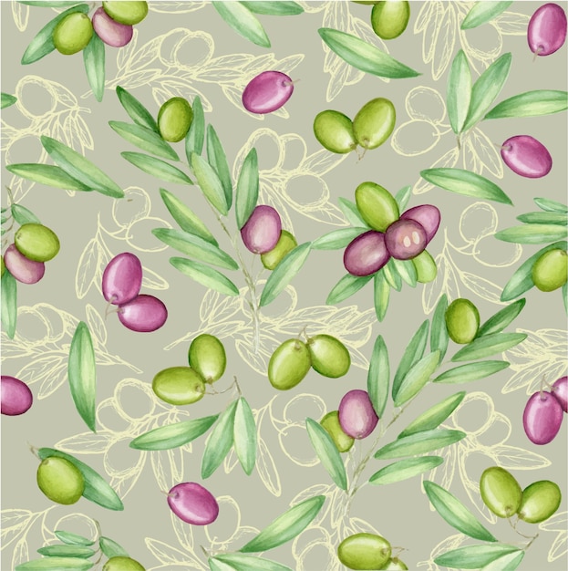 Olives seamless pattern with olive branches and fruits for Italian cuisine design or extra virgin oil food or cosmetic product packaging wrapper