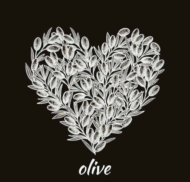 Olives in the shape of a heart Hand drawn olive illustration Vegetarian food For label and poster