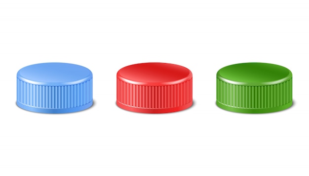 ollection of red, green, blue plastic bottle caps in side view.  with pet screw lids for water, beer, cider of soda. Isolated icon illustration.