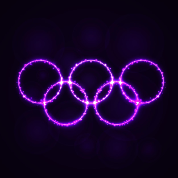 Vector olympic rings illustration icon violet color lights silhouette on dark background glowing lines and points