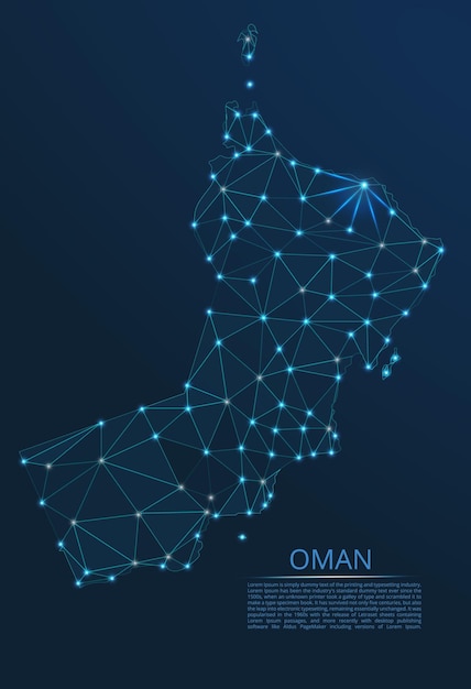 Oman communication network map Vector low poly image of a global map with lights