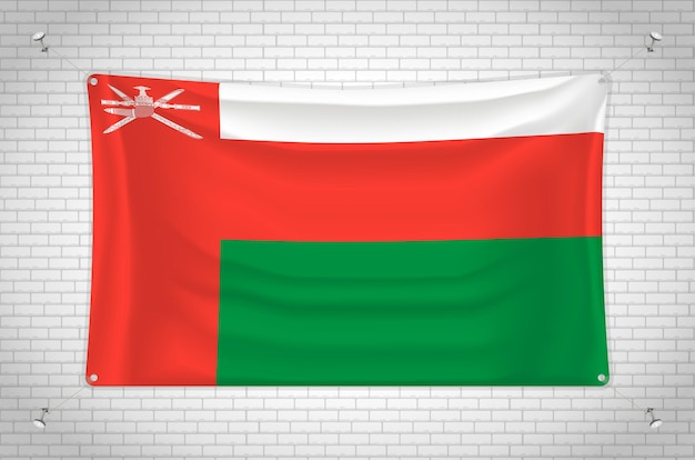 Oman flag hanging on brick wall. 3D drawing. Flag attached to the wall. Neatly drawing in groups