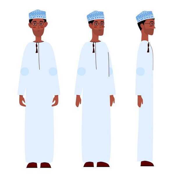 Vector omani_arab man character illustration from different views in flat vector design ready for animation