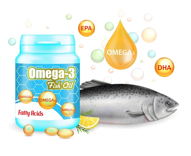 Omega 3 fish oil supplement advertising vector poster template