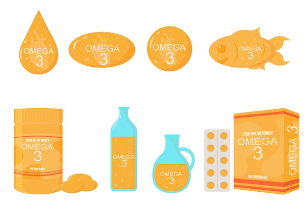 Omega 3 icon in flat style. Fish, oil bottle, pill capsule, softgel pills, realistic illustration. Nutrition omega 3 composition for poster, banner. Vitamin deficiency pill.  