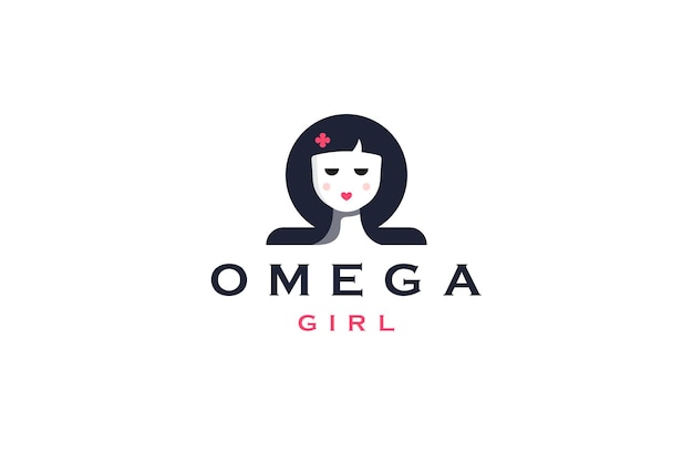 Omega girl face logo icon design template flat vector illustration