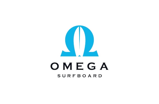 Omega symbol with surfboard shape logo icon design template  flat vector illustration