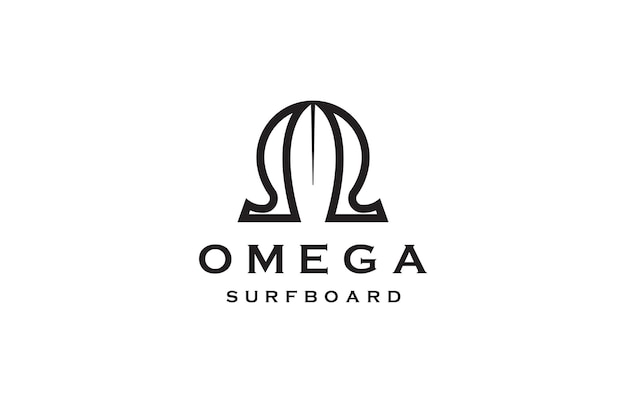 Omega symbol with surfboard shape logo icon design template  flat vector illustration