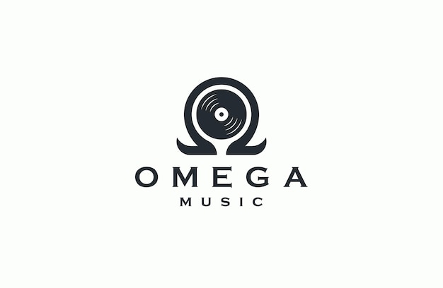 Omega symbol with vinyl record shape Omega music logo icon design template flat vector