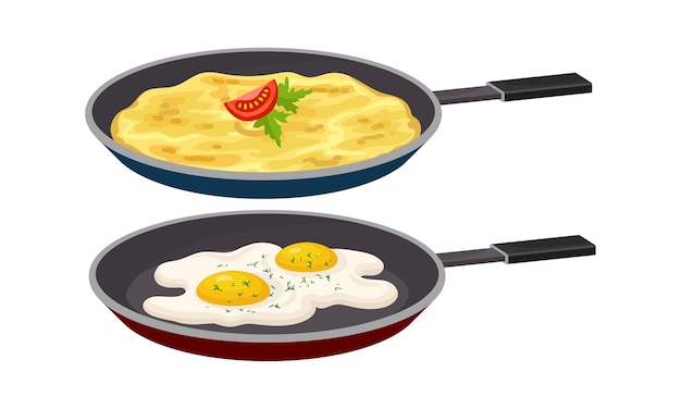 Vector omelette and scrambled eggs as tasty dishes with egg ingredient served in frying pan vector set