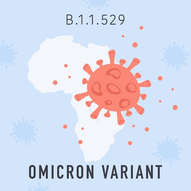 Omicron new covid variant square banner with red bacteria of new coronavirus mutation on background