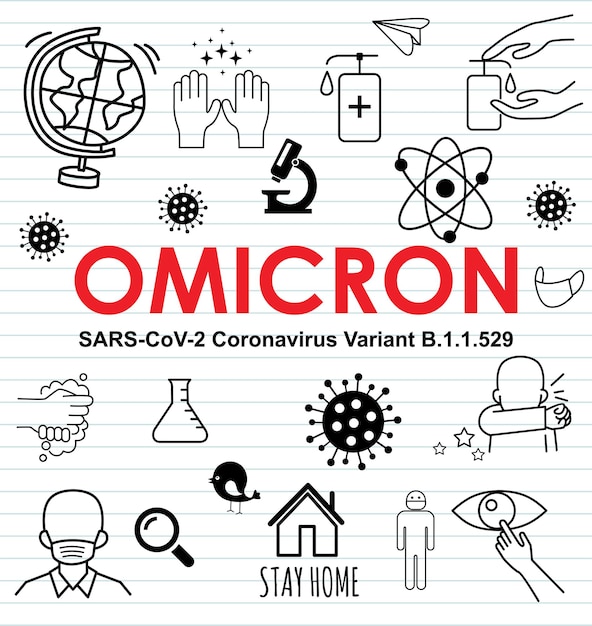 Omicron virus, new COVID-19 variant, Banner Word with Icons, Vector illustration.