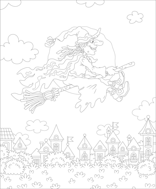 Ominous Halloween witch flying on her magic broom over a small town on a moonlit night