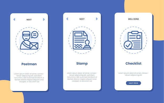 Onboarding application screen with postman stamp and checklist icon illustration