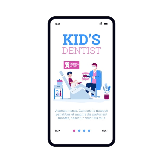 Onboarding mobile page for kids dentistry cartoon vector illustration