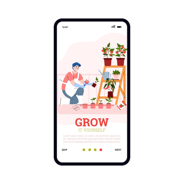 Onboarding page with man growing plants on balcony vector cartoon illustration