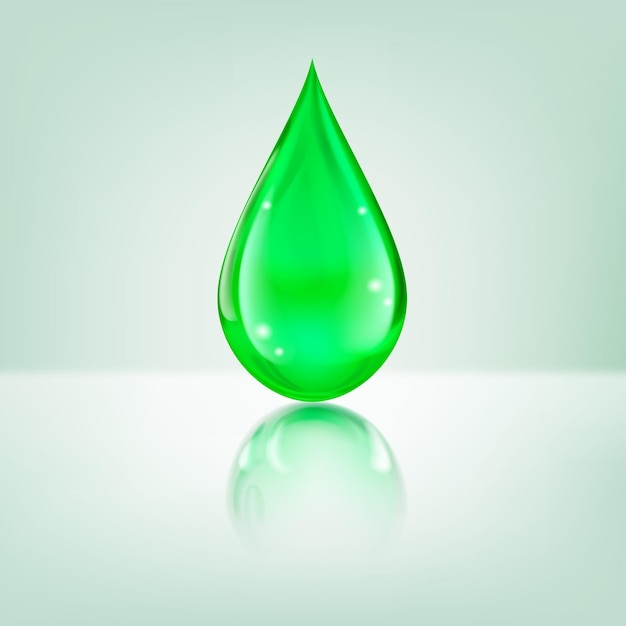 One big realistic water drop in green color with glares and reflection