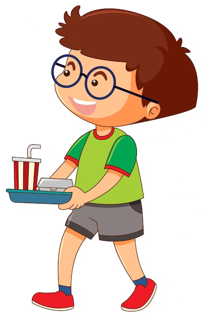 One boy holding tray of food and drink