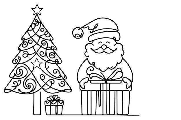 one Continuous black line art drawing of Merry Christmas tree Hand drawn of Santa Claus outline doodle vector illustration on white background