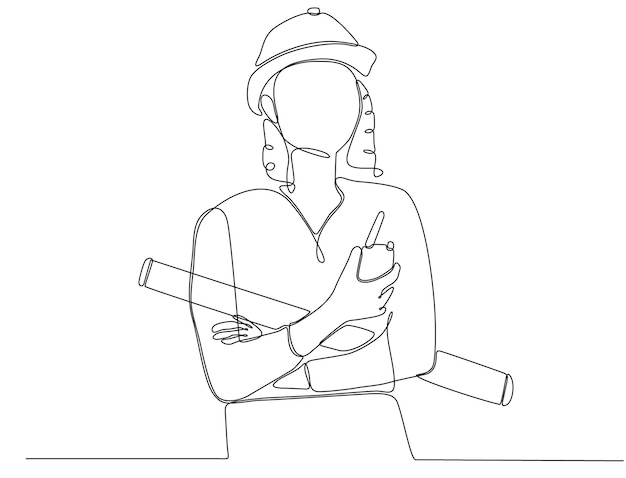 One continuous line art drawing female architect interior designer at work premium vector