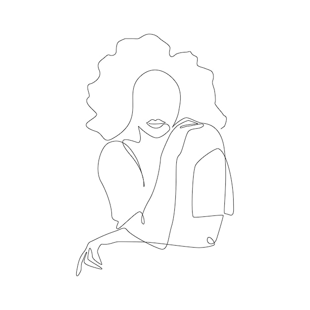 One continuous line drawing of abstract woman with curly hair in tshirt modern female portrait in li...