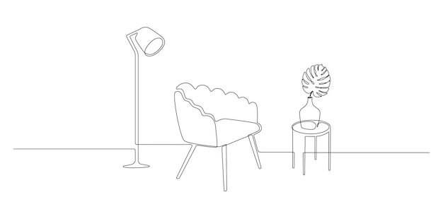 One continuous line drawing of armchair and loft floor lamp and vase with monstera Modern scandinavian and soft furniture chair in simple linear style Editable stroke Doodle vector illustration