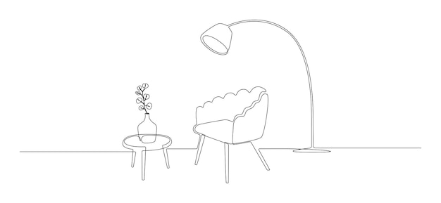 One continuous line drawing of armchair and loft lamp and vase with plant Modern scandinavian and soft furniture chair in simple linear style Doodle vector illustration