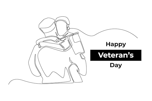 One continuous line drawing of back view son with flag hug father Veterans day concept Single line draw design vector graphic illustration