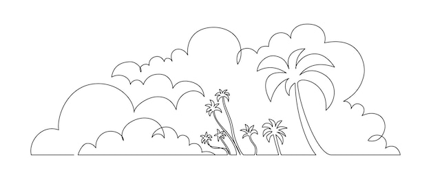 One continuous line drawing of beach with palm tree Abstract tropical landscape with sea and clouds