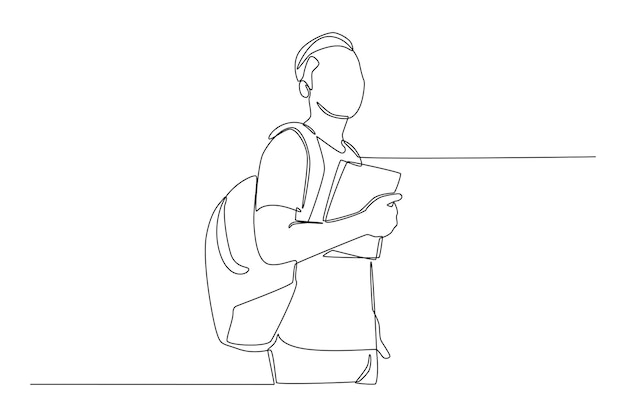 One continuous line drawing of boy student standing with backpack on his back and hold book in his hand Back to school concept Single line draw design vector graphic illustration