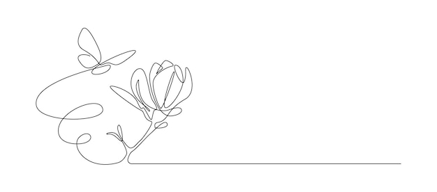 One continuous line drawing of butterfly with flower Thin curl border and flying wing symbol in simple linear style Editable stroke Contour Doodle vector illustration