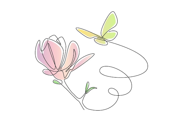 One continuous line drawing of butterfly with flower Thin curl border and flying wing symbol in simple linear style Editable stroke Modern Doodle vector illustration