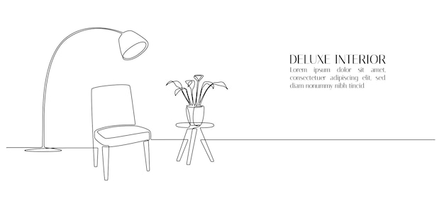 One continuous line drawing of chair and floor lamp and table with potted plant Web banner with modern scandinavian furniture in simple linear style Editable stroke Doodle vector illustration