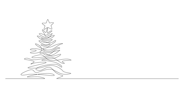 Vector one continuous line drawing of christmas tree with star on top pine plant in simple doodle style