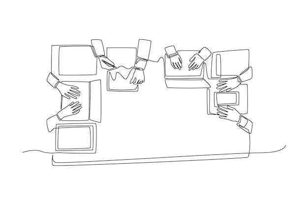 One continuous line drawing of coworkers and business team working together at the office desk from top view Coworking concept Single line draw design vector graphic illustration