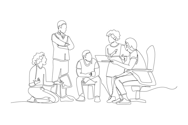 One continuous line drawing of creative team having a discussion for a design project Coworking concept Single line draw design vector graphic illustration