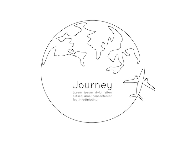 One continuous line drawing of Earth globe with airplane Flight route path on world map in simple linear style Travel and flight airline symbol concept Doodle vector illustration