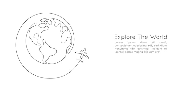 One continuous line drawing of Earth globe with airplane Flight route path on world map in simple linear style Travel and flight airline symbol concept Editable stroke Doodle vector illustration