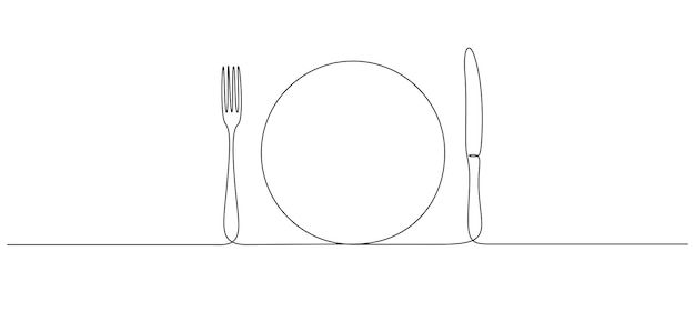 One continuous line drawing of food tools Plate Fork and Knife for decoration restoran menu in simple linear style Hand drawn sign or logo cafe Editable stroke Doodle vector illustration