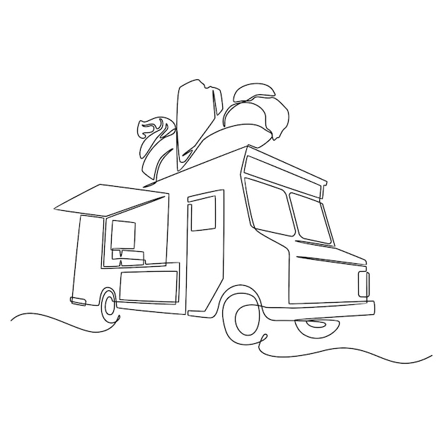 One continuous line drawing of food truck for festival Abstract