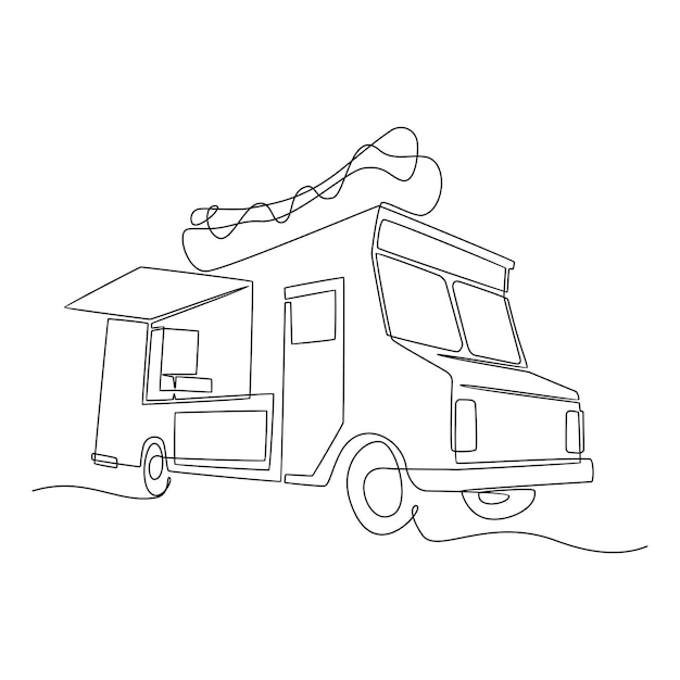 One continuous line drawing of food truck for festival Abstract