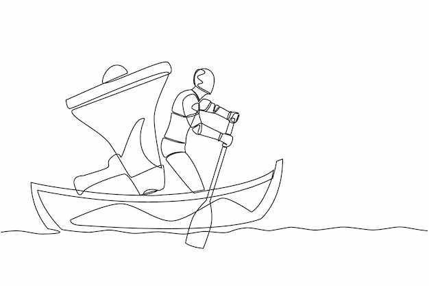 One continuous line drawing genius robot standing in a boat and sailing with super megaphone