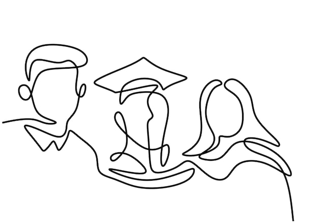 One continuous line drawing of graduation student Happy student who is graduation photo with parents isolated on white background Graduation celebration concept Vector minimalist style