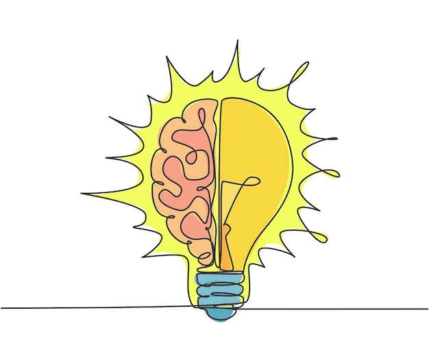 One continuous line drawing half human brain and half light bulb icon Genius psychological logotype