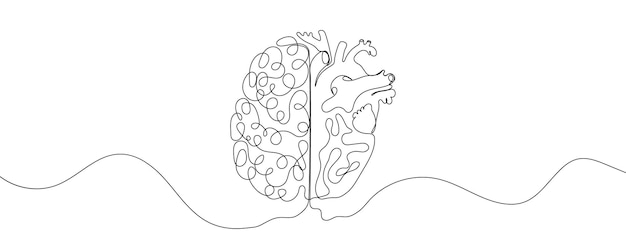 One continuous line drawing of half of a human brain and a human heart