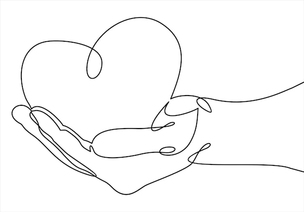 One continuous line drawing of hand holding heartvector illustration